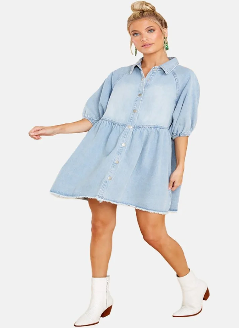 يونيكي Blue A-Line Collared Half Sleeve Dresses