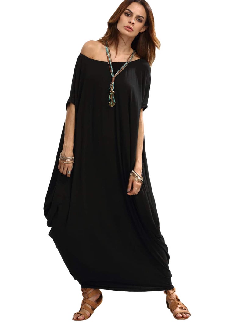 Verdusa Women's Caftan Harem Boat Neck Dolman Sleeve Oversized Maxi Dress Moo Moos Black Large - Image 3