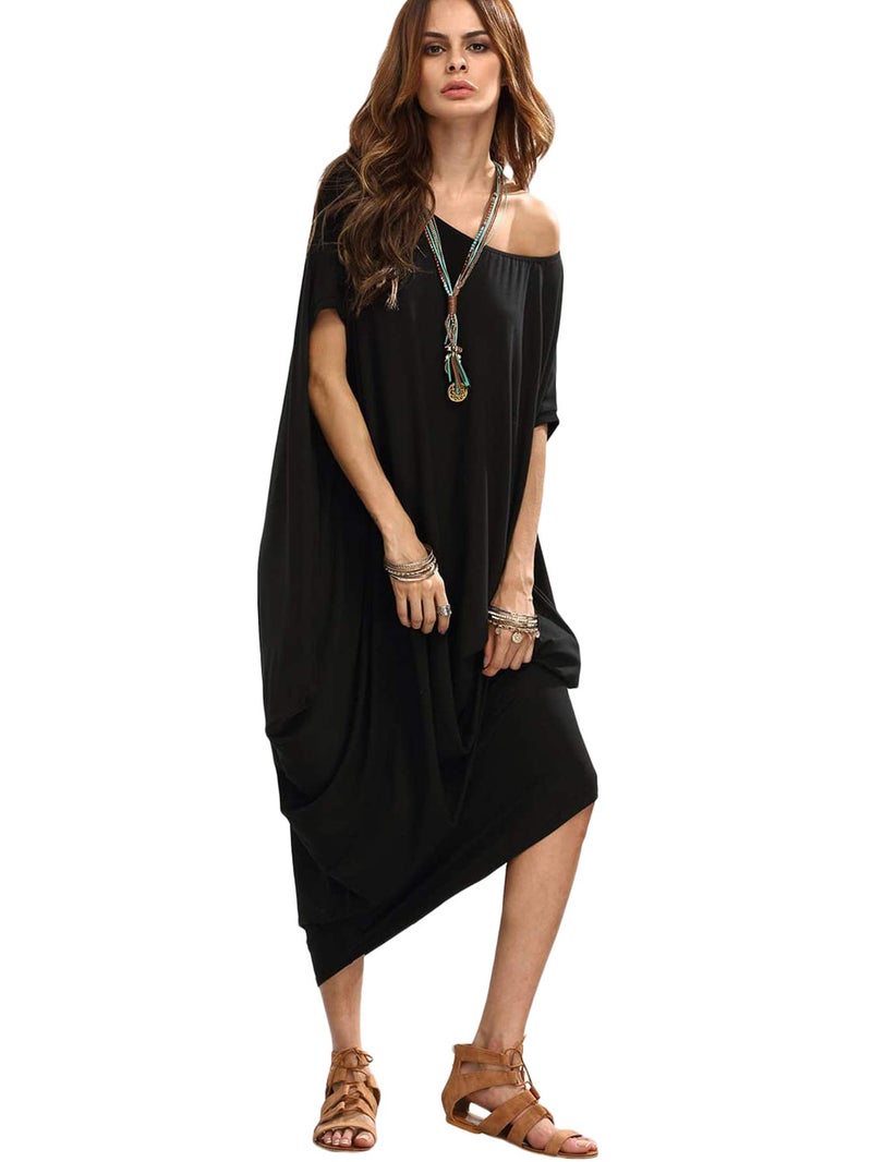 Verdusa Women's Caftan Harem Boat Neck Dolman Sleeve Oversized Maxi Dress Moo Moos Black Large - Image 4