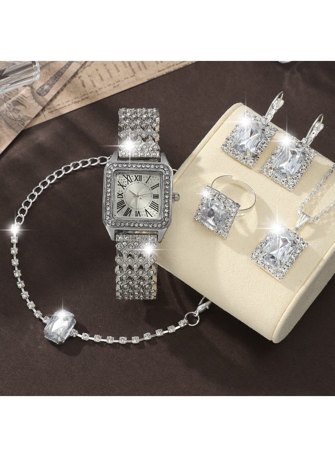 QUARTZ Ladies Watch Fashionable Women Quartz Diamond Wristwatch Classic Simple Watches Business Decoration Bangle Bracelet Necklace Ring Earring Girl Gift Set （5 PCS） - Image 1