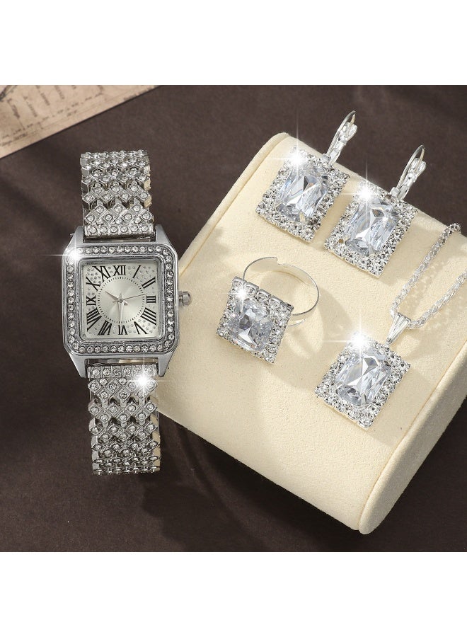 QUARTZ Ladies Watch Fashionable Women Quartz Diamond Wristwatch Classic Simple Watches Business Decoration Bangle Bracelet Necklace Ring Earring Girl Gift Set （5 PCS） - Image 3