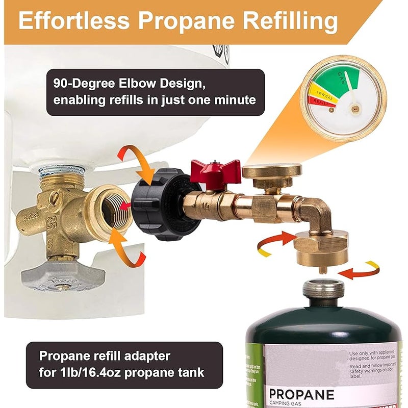 Siasky Upgraded Propane Refill Adapter 20lb to 1lb Converter, Design with Valve and Gauge, QCC1 Propane Refill Adapter 90-Degree Elbow, with ON/Off Control Fill 1 lb Tanks from 5-40 LB Propane Tank - Image 3