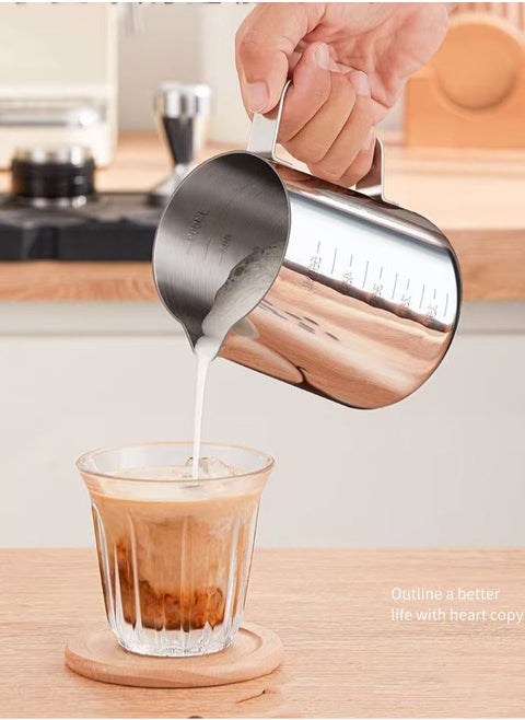 Stainless Steel 350ml Milk Frothing Pitcher Measurements on Both Sides Inside Perfect for Espresso Machines Milk Frothers Latte Art, Silver
