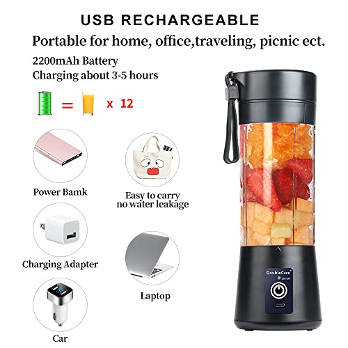 DoubleCare Portable Blender Cup,Electric USB Mini Juicer Blender For Shakes and Smoothies, Juice,380ml, Six Blades Great for Mixing,Black - Image 4