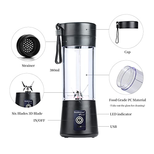 DoubleCare Portable Blender Cup,Electric USB Mini Juicer Blender For Shakes and Smoothies, Juice,380ml, Six Blades Great for Mixing,Black - Image 2