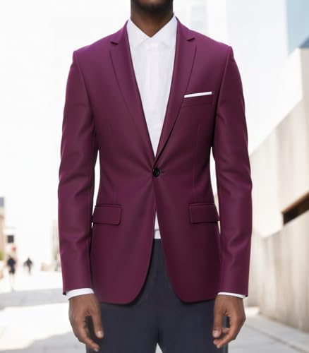 Beninos Mens Blazer Jacket Slim Fit Casual One Button Sport Coats (302 Burgundy, M) - Image 2