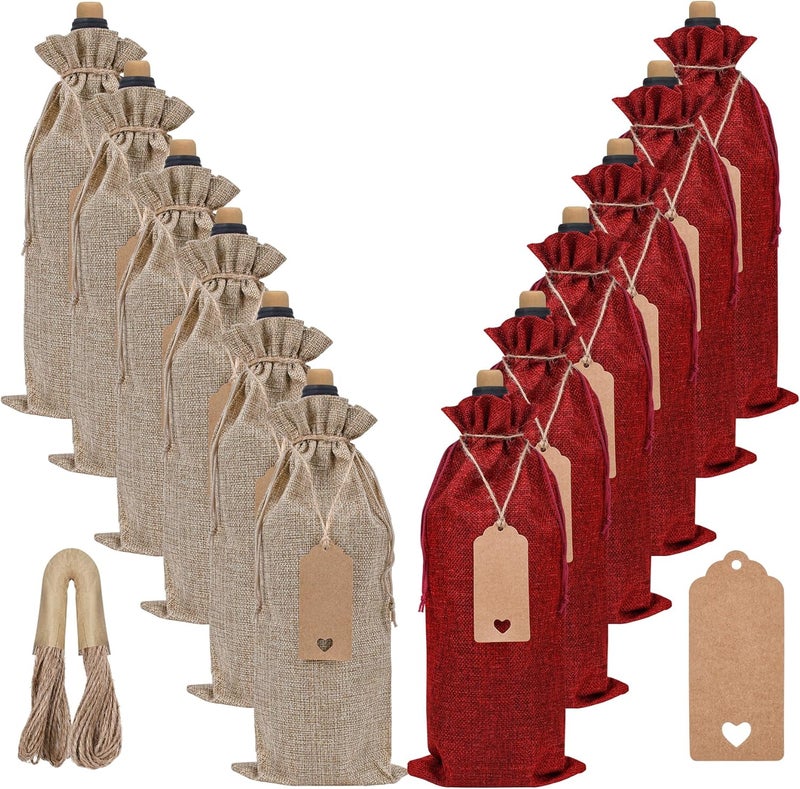 Sailup Burlap Wine Bags 12 Pcs Wine Bottle Gift Bags with Drawstrings Tags & Ropes for Christmas, Weddings, Holiday Party, Birthdays, Travel, Blind Tastings, Reusable Gift Bags Home Storage 750ml - Image 1