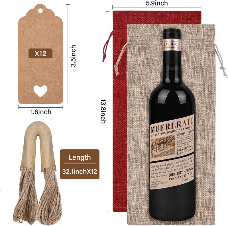 Sailup Burlap Wine Bags 12 Pcs Wine Bottle Gift Bags with Drawstrings Tags & Ropes for Christmas, Weddings, Holiday Party, Birthdays, Travel, Blind Tastings, Reusable Gift Bags Home Storage 750ml - Image 2