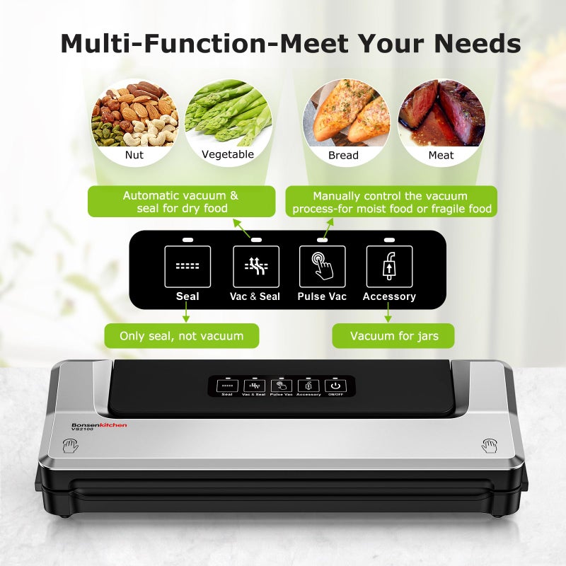 Bonsenkitchen Vacuum Sealer Machine | Compact Food Sealer for Kitchen Storage & Meal Prep | Multiple Modesâ€‹â€‹ | External Vacuum System | 5 Bags, Silverâ€‹â€‹ - Image 2