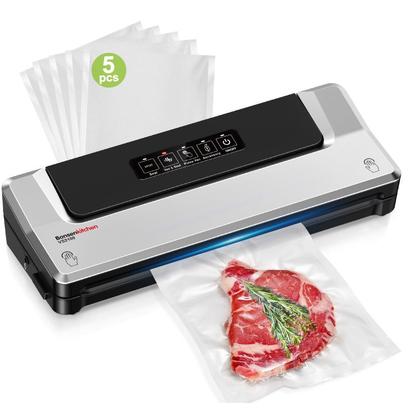 Bonsenkitchen Vacuum Sealer Machine | Compact Food Sealer for Kitchen Storage & Meal Prep | Multiple Modesâ€‹â€‹ | External Vacuum System | 5 Bags, Silverâ€‹â€‹ - Image 1
