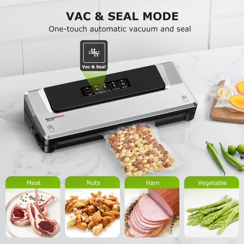 Bonsenkitchen Vacuum Sealer Machine | Compact Food Sealer for Kitchen Storage & Meal Prep | Multiple Modesâ€‹â€‹ | External Vacuum System | 5 Bags, Silverâ€‹â€‹ - Image 4