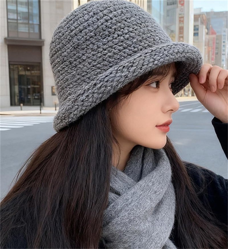 Pocadri Women Men Vintage Knitted Bowler Bucket Hats Soft Round Brim Cloche Hat Winter Warm Crochet Cap Grey - Image 4