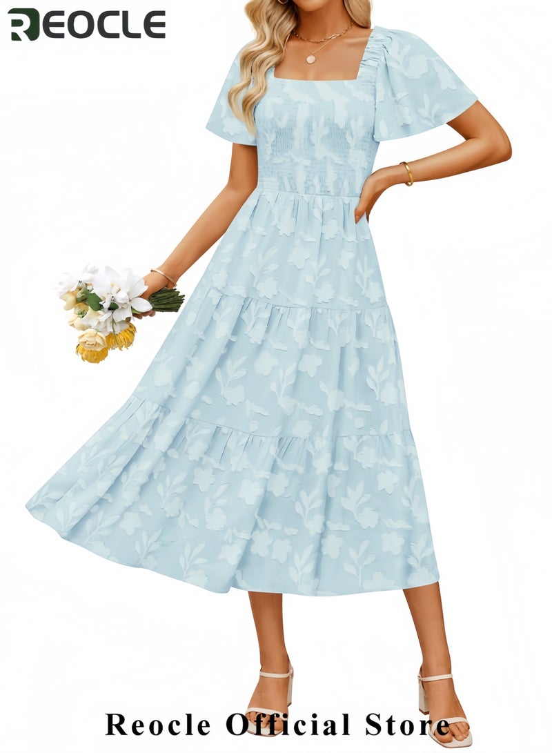 ريوكل فستان ميدي نسائي صيفي بوهو زهري كاجوال بأكمام قصيرة ورقبة مربعة وواسع مناسب لقضاء العطلات على الشاطئ - Image 2