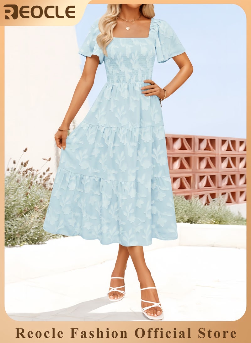 ريوكل فستان ميدي نسائي صيفي بوهو زهري كاجوال بأكمام قصيرة ورقبة مربعة وواسع مناسب لقضاء العطلات على الشاطئ - Image 1