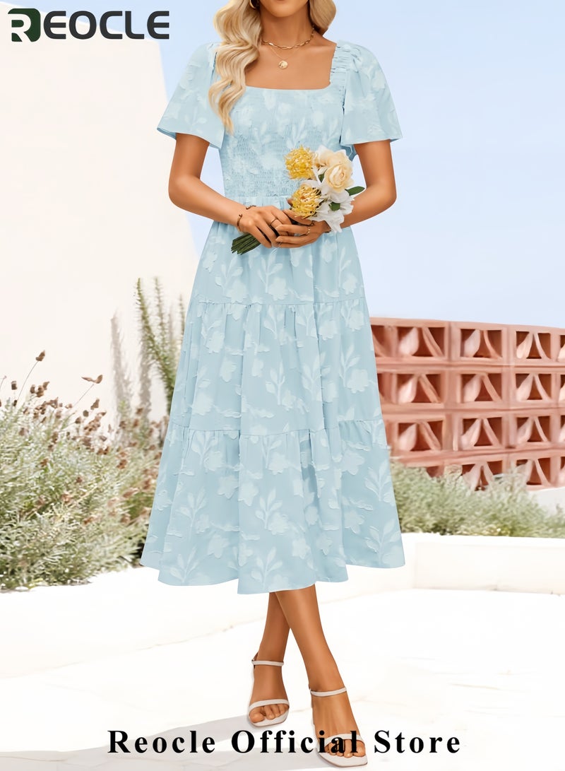 ريوكل فستان ميدي نسائي صيفي بوهو زهري كاجوال بأكمام قصيرة ورقبة مربعة وواسع مناسب لقضاء العطلات على الشاطئ - Image 3