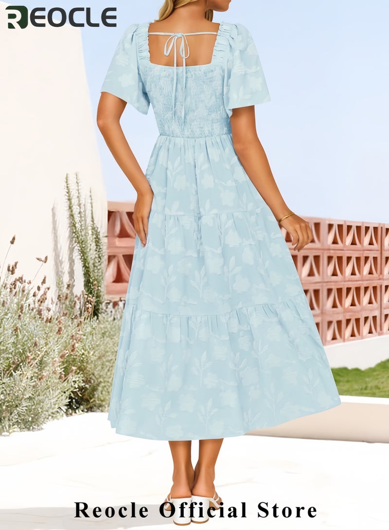 ريوكل فستان ميدي نسائي صيفي بوهو زهري كاجوال بأكمام قصيرة ورقبة مربعة وواسع مناسب لقضاء العطلات على الشاطئ - Image 4