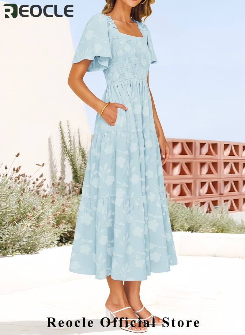 ريوكل فستان ميدي نسائي صيفي بوهو زهري كاجوال بأكمام قصيرة ورقبة مربعة وواسع مناسب لقضاء العطلات على الشاطئ - Image 5