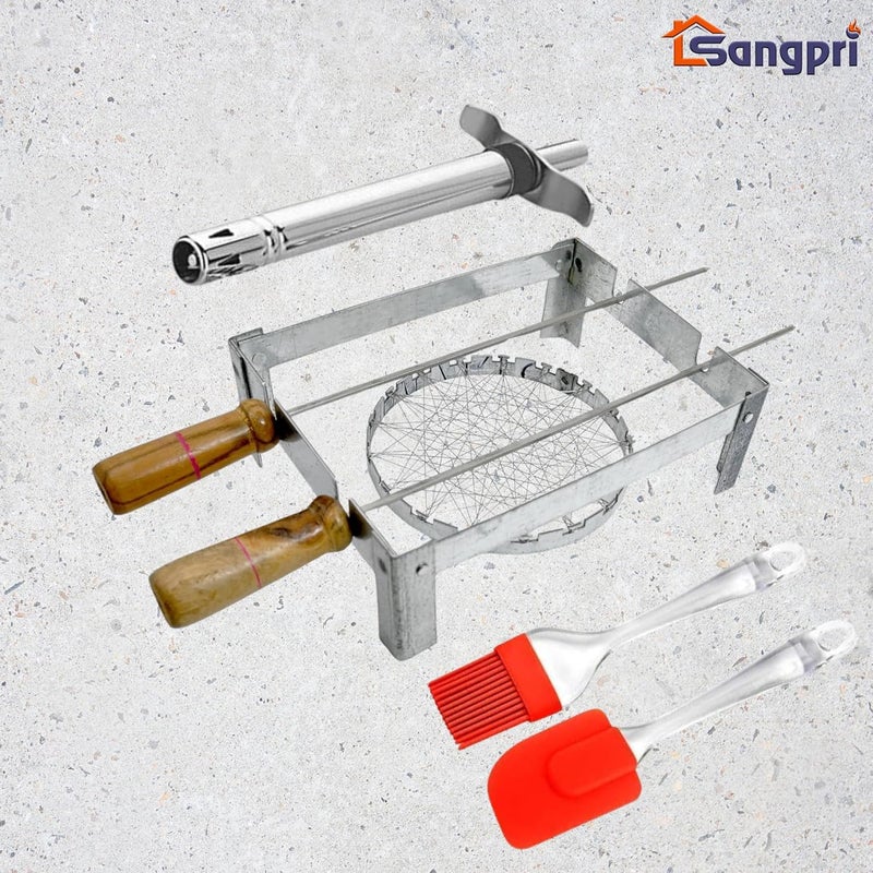 Sangpri Small Barbeque Grill Set Combo 1 Foldable Chhota Tandoor Stand with 2 Skewers 1 Gas Grill Jali 1 Stainless Steel Lighter for Gas Stove 1 Silicone Spatula Brush and 1 Oil Brush - Image 2