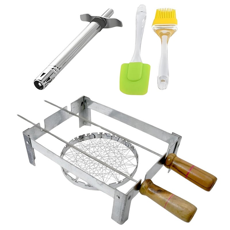 Sangpri Small Barbeque Grill Set Combo 1 Foldable Chhota Tandoor Stand with 2 Skewers 1 Gas Grill Jali 1 Stainless Steel Lighter for Gas Stove 1 Silicone Spatula Brush and 1 Oil Brush - Image 1