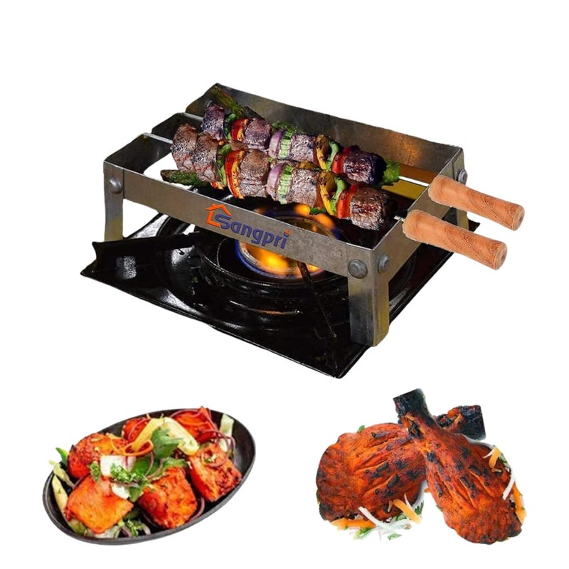 Sangpri Small Barbeque Grill Set Combo 1 Foldable Chhota Tandoor Stand with 2 Skewers 1 Gas Grill Jali 1 Stainless Steel Lighter for Gas Stove 1 Silicone Spatula Brush and 1 Oil Brush - Image 3