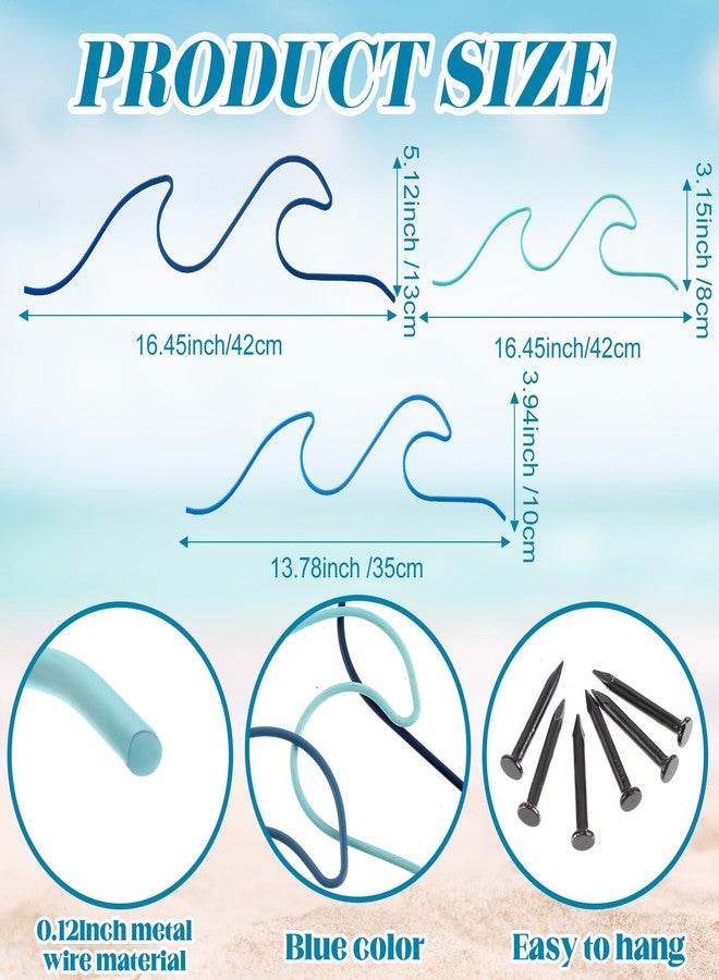 Tandefio 3 Pcs Metal Ocean Wave Wall Decor Blue Wave Beach Wall Art Nautical Decor Coastal Sea Surf Board Hanging Summer Seaside Decoration for Bedroom Bathroom Living Room - Image 2