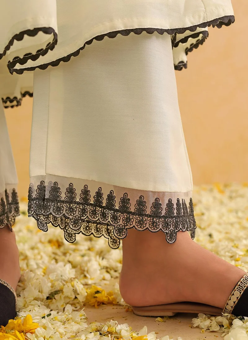 ZERESOUQ White Silk Blend Solid Embroidered Anarkali Set