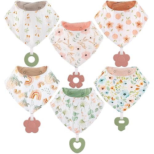 Vuminbox Muslin Baby bibs 6-Pack and Teething Toys 6-Pack Made with 100% Organic Cotton, Absorbent and Soft For Baby girl - Image 1