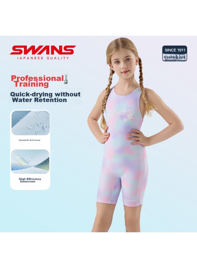 Speed Vision Swans Children's One-piece Swimsuit For Girls, Knee-length Training Swimwear, Chlorine-resistant Quick-dry 265, Gradient Purple, Size 140 - Image 1