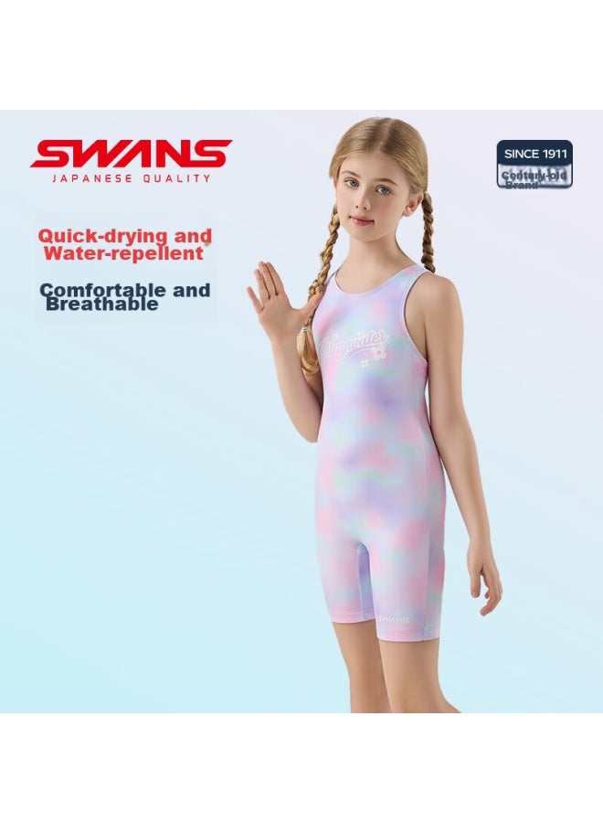 Speed Vision Swans Children's One-piece Swimsuit For Girls, Knee-length Training Swimwear, Chlorine-resistant Quick-dry 265, Gradient Purple, Size 140 - Image 4