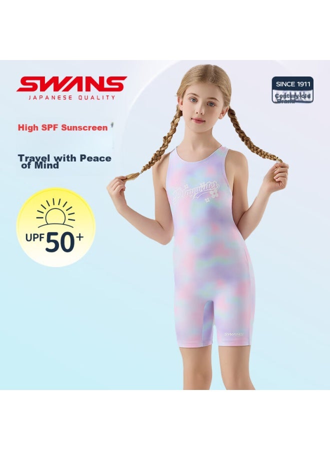 Speed Vision Swans Children's One-piece Swimsuit For Girls, Knee-length Training Swimwear, Chlorine-resistant Quick-dry 265, Gradient Purple, Size 140 - Image 2