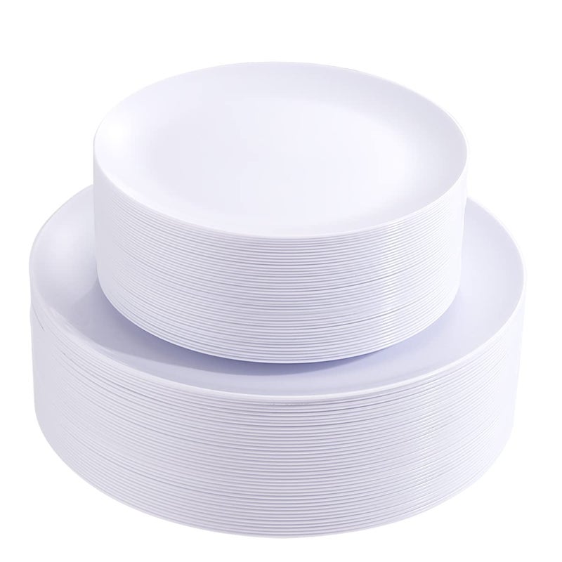 PULOTE 100PCS White Plastic Plates Disposable  Heavyweight 50 White Dinner  50 DessertSalad Plates for Wedding Party