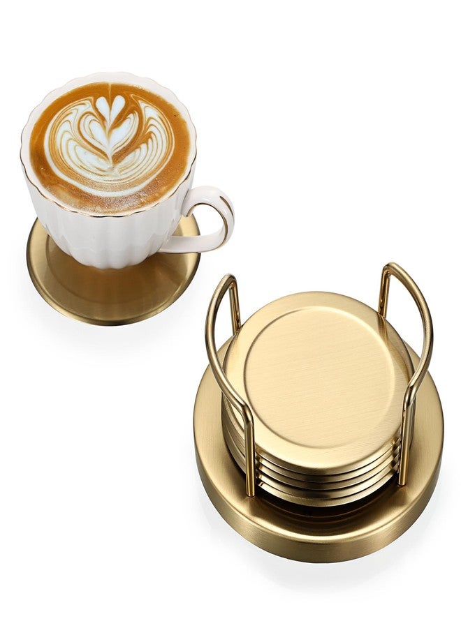 JUXYES Set of 6 Stainless Steel Round Coasters with Holder & Sponge Bottom, Golden Metal Cup Coasters Set Stunning Cool Coaster Cups Mats Decor for Restaurant Kitchen bar Dining Table - Image 4