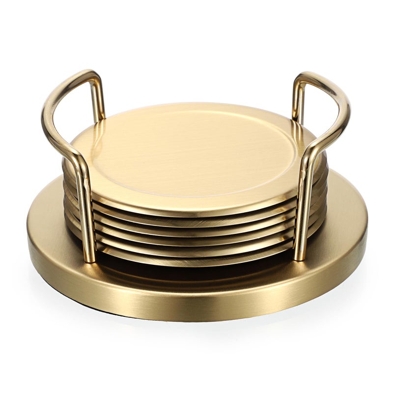 JUXYES Set of 6 Stainless Steel Round Coasters with Holder & Sponge Bottom, Golden Metal Cup Coasters Set Stunning Cool Coaster Cups Mats Decor for Restaurant Kitchen bar Dining Table - Image 1