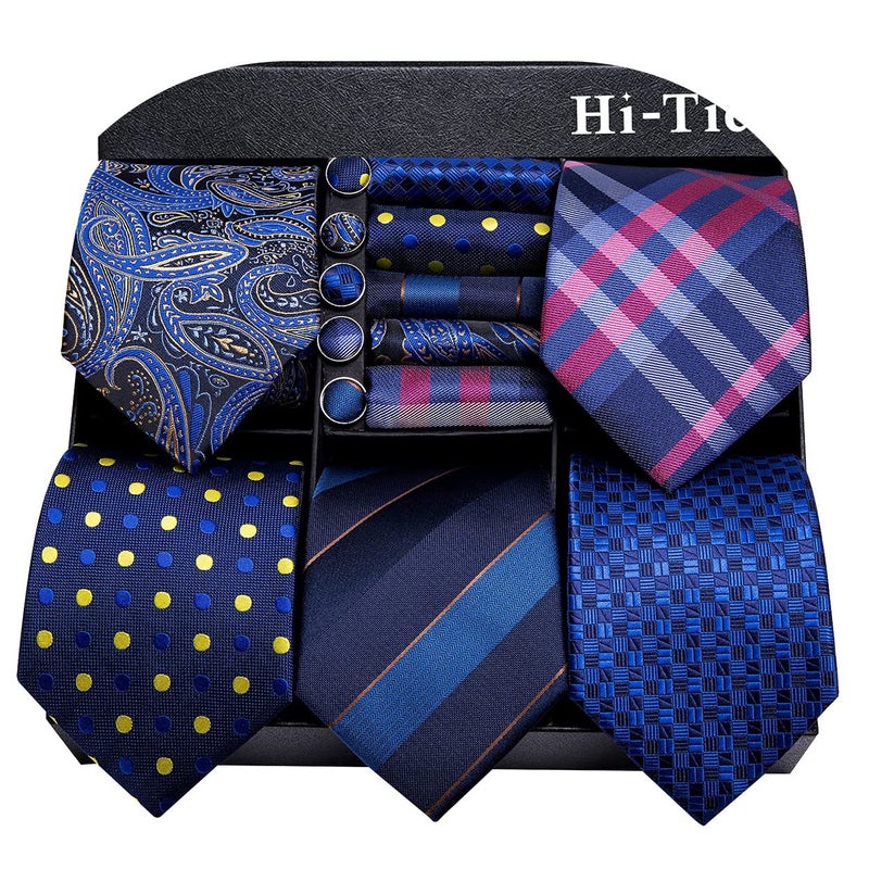 Hi-Tie Lot 5 Pcs Gift Box Mens Tie Set Necktie with Pocket Square Cufflinks Silk Neck Tie Collection,Blues Multicolor - Image 1