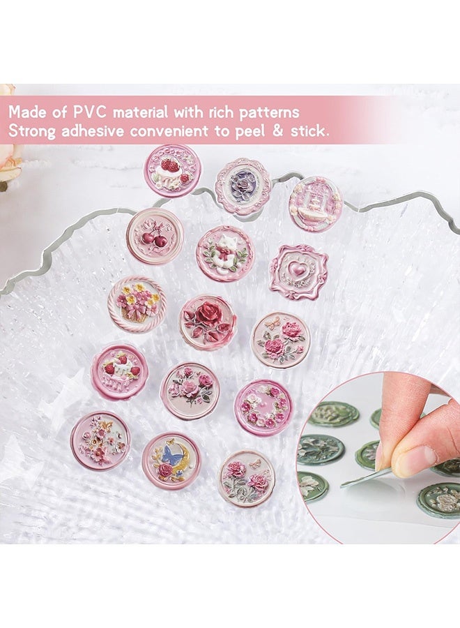 MXN 60 Pcs Classic Vintage Wax Seal Stickers Set Elegant Floral Waterproof Self-Adhesive Stickers 4 Styles Wax Looking Envelope Stickers for Junk Journal Scrapbooking Envelope Sealing and DIY Crafts - Image 3