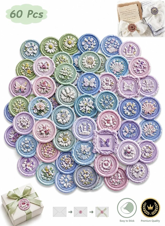 MXN 60 Pcs Classic Vintage Wax Seal Stickers Set Elegant Floral Waterproof Self-Adhesive Stickers 4 Styles Wax Looking Envelope Stickers for Junk Journal Scrapbooking Envelope Sealing and DIY Crafts - Image 1