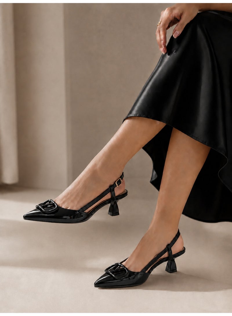 LIFESTYLISH Shoes Mid Heels Leather With Buckle Elegant F-613 - Black - Image 1