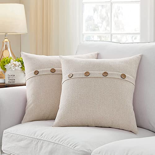 Khooti Decorative Jute Square Cushion Cover with Buttons Throw Pillow Cover Boho Design for Living Room Couch Diwan Sofa, Modern 24 x 24 Inches / 60 x 60 cm (Color - Light Linen)(Set of 2 Pieces) C5 - Image 1