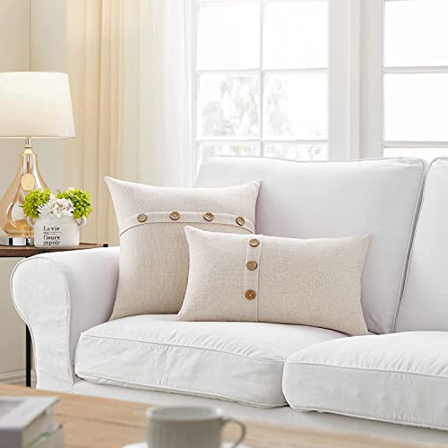 Khooti Decorative Jute Square Cushion Cover with Buttons Throw Pillow Cover Boho Design for Living Room Couch Diwan Sofa, Modern 24 x 24 Inches / 60 x 60 cm (Color - Light Linen)(Set of 2 Pieces) C5 - Image 3