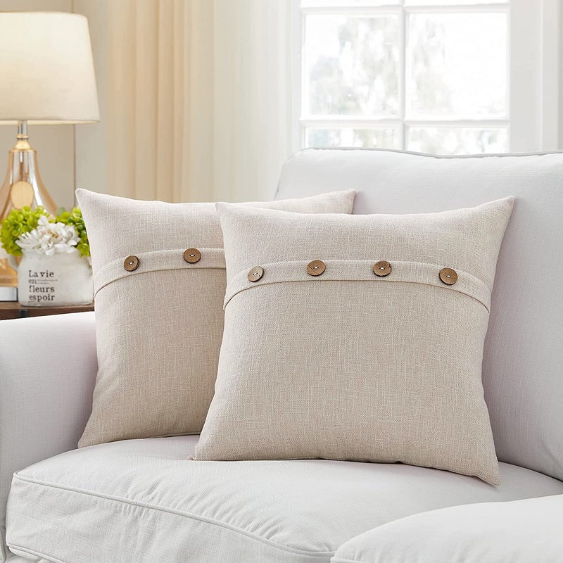 Khooti Decorative Jute Square Cushion Cover with Buttons Throw Pillow Cover Boho Design for Living Room Couch Diwan Sofa, Modern 24 x 24 Inches / 60 x 60 cm (Color - Light Linen)(Set of 2 Pieces) C5 - Image 5
