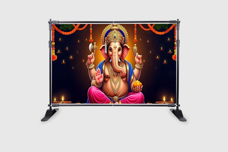 Backdropon Hanging Flower with Ganeshji Design for Pooja Decoration Especially Ganesha Festival Traditional/Background Curtain Cloth for Festival Size 5 Feet Height and 8 Feet Width(5 * 8) - Image 2