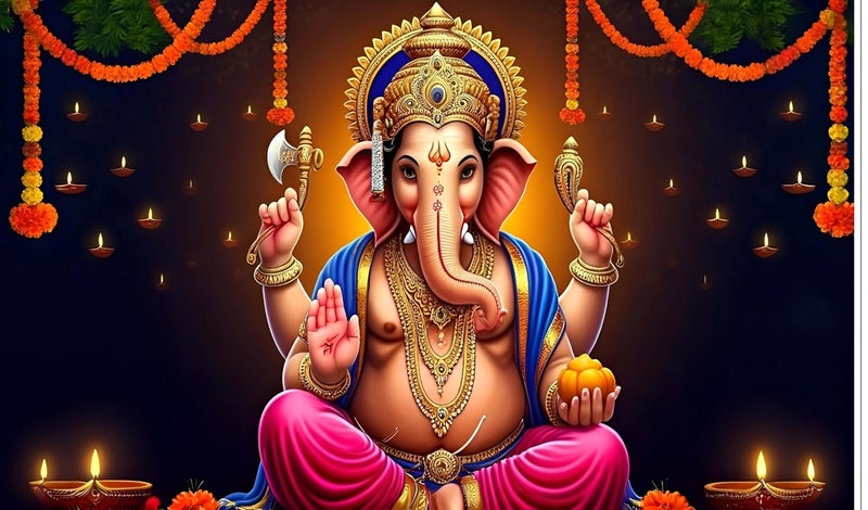 Backdropon Hanging Flower with Ganeshji Design for Pooja Decoration Especially Ganesha Festival Traditional/Background Curtain Cloth for Festival Size 5 Feet Height and 8 Feet Width(5 * 8) - Image 1