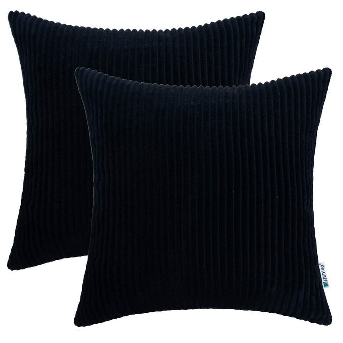 BLACK CORDUROY THROW PILLOW COVERS 20X20 INCH SET OF 2 SOFT COZY DECORATIVE CUSHION CASES FOR COUCH SOFA BED LIVING ROOM BOHO STRIPED HOME DECOR
