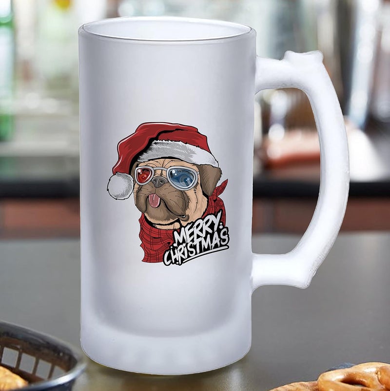 Happu Happu Printed Beer Mug Frosted Beer Glass Double Walled Frosty Mug of Christmas Theme Cute Pug Santa Gift for Men Women Gift for Beer Lovers Gift for Friends Colleagues HP1506  - Image 2