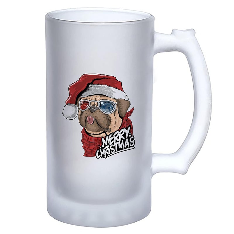 Happu Happu Printed Beer Mug Frosted Beer Glass Double Walled Frosty Mug of Christmas Theme Cute Pug Santa Gift for Men Women Gift for Beer Lovers Gift for Friends Colleagues HP1506  - Image 1