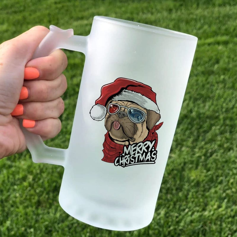 Happu Happu Printed Beer Mug Frosted Beer Glass Double Walled Frosty Mug of Christmas Theme Cute Pug Santa Gift for Men Women Gift for Beer Lovers Gift for Friends Colleagues HP1506  - Image 3