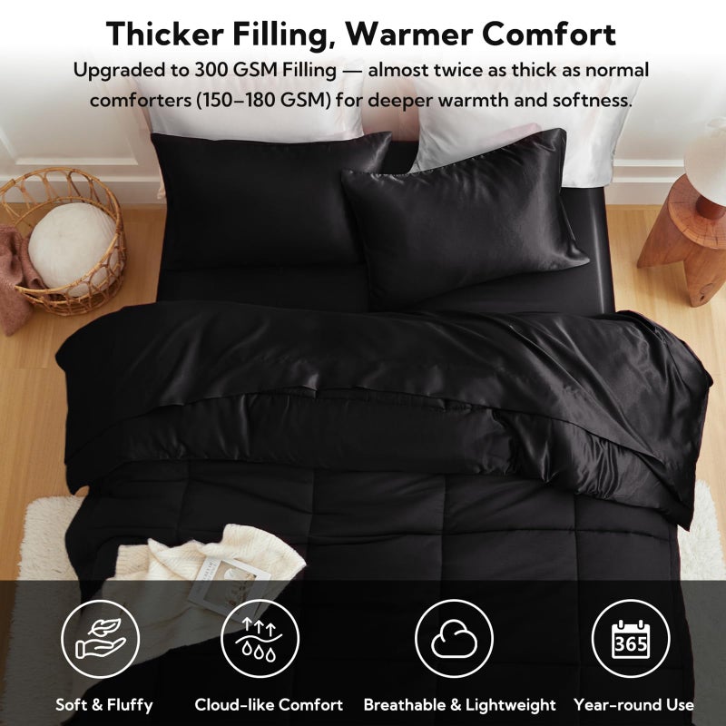 MR&HM Full Size Comforter Set Black, Reversible Satin Microfiber Comforter Set for All Seasons, 3 Pieces Non-Slip Silky Soft Bedding Sets with 1 Comforter (82"x86") and 2 Pillowcases (20"x26") - Image 3