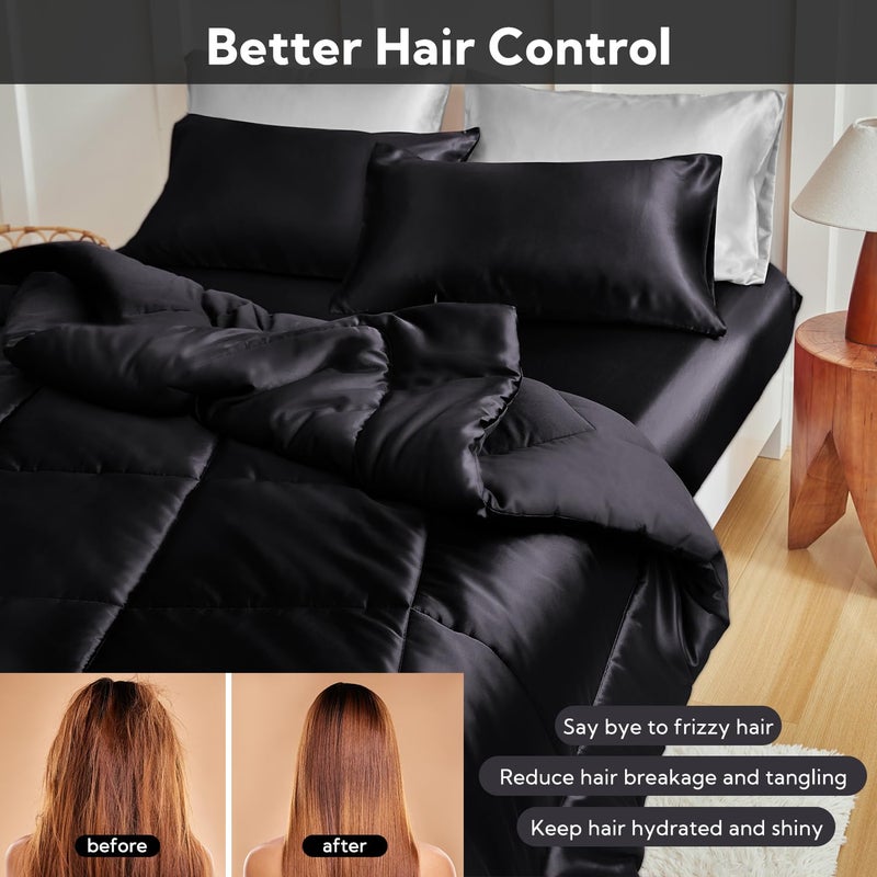 MR&HM Full Size Comforter Set Black, Reversible Satin Microfiber Comforter Set for All Seasons, 3 Pieces Non-Slip Silky Soft Bedding Sets with 1 Comforter (82"x86") and 2 Pillowcases (20"x26") - Image 5
