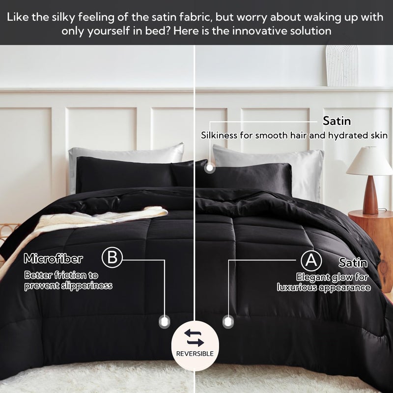 MR&HM Full Size Comforter Set Black, Reversible Satin Microfiber Comforter Set for All Seasons, 3 Pieces Non-Slip Silky Soft Bedding Sets with 1 Comforter (82"x86") and 2 Pillowcases (20"x26") - Image 2