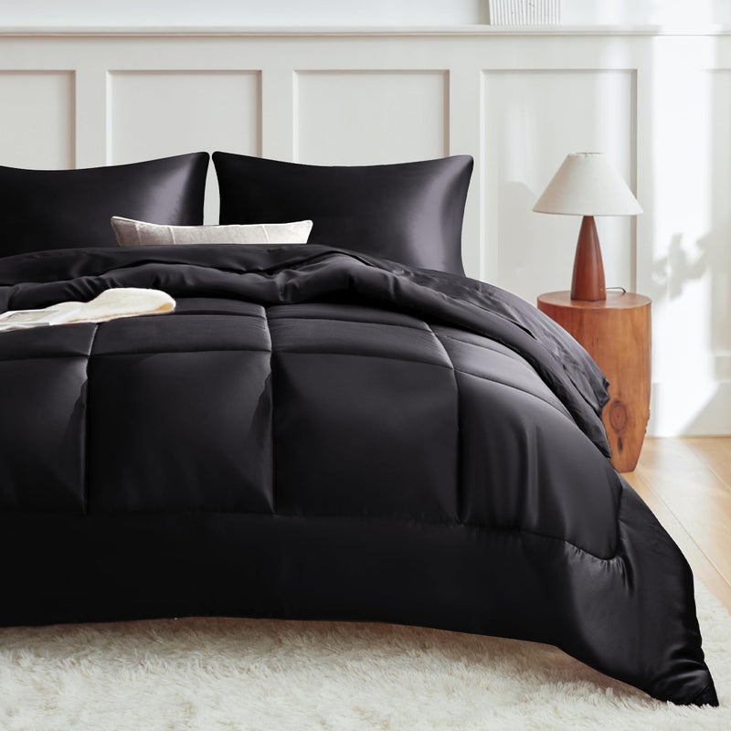 MR&HM Full Size Comforter Set Black, Reversible Satin Microfiber Comforter Set for All Seasons, 3 Pieces Non-Slip Silky Soft Bedding Sets with 1 Comforter (82"x86") and 2 Pillowcases (20"x26") - Image 1